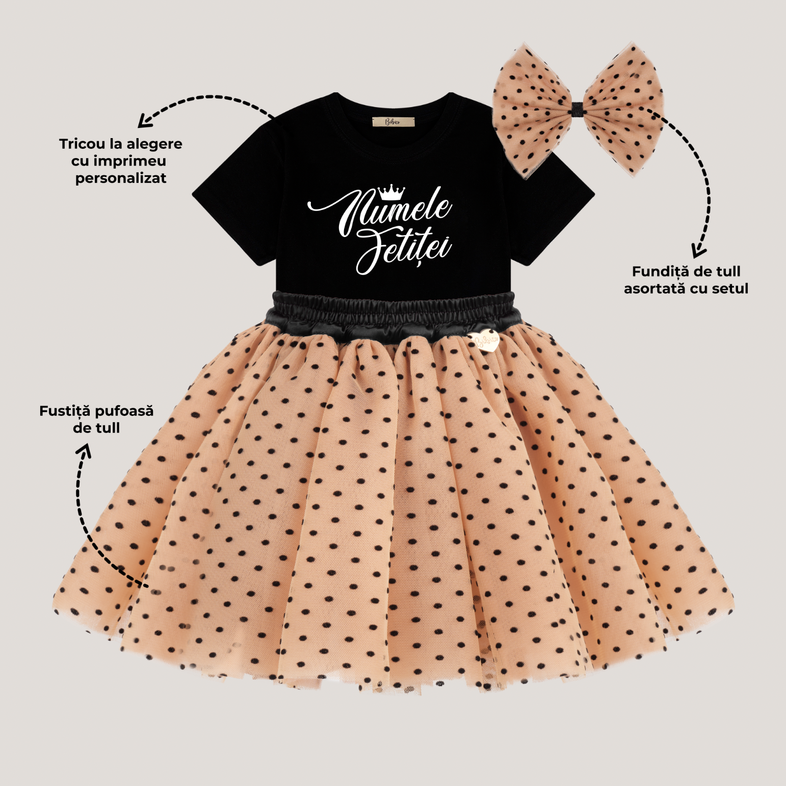 Set “Nude Dots Princess” 👑 Ținută personalizată cu buline negre - Image 5